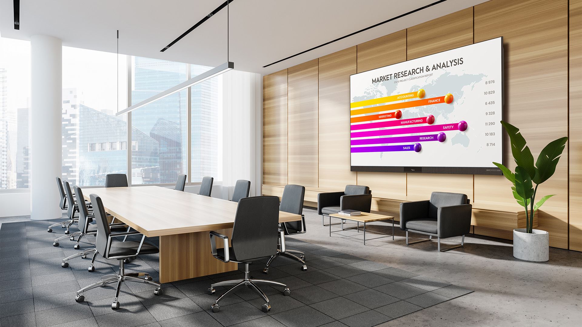 Veliki Optoma All-in-One LED ekran u modernom uredu, profesionalni LED zaslon za prezentacije i timski rad