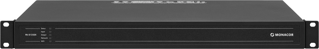Prednja strana pojaala MONACOR PA-8125DX – profesionalni 19'' Class-D dizajn s preglednim LED indikatorima i kontrolama za viezonsko upravljanje