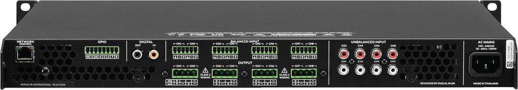 Stranja strana pojaala MONACOR PA-8125DX – prikljuci za analogne i digitalne ulaze/izlaze, mrenu povezanost i GPIO suelje za integraciju u kompleksne audio sustave