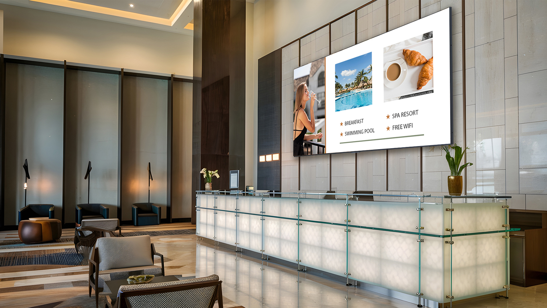 Veliki LED ekran Newline STV+ 115 ina na recepciji hotela za digitalno oglaavanje i dobrodolicu gostima