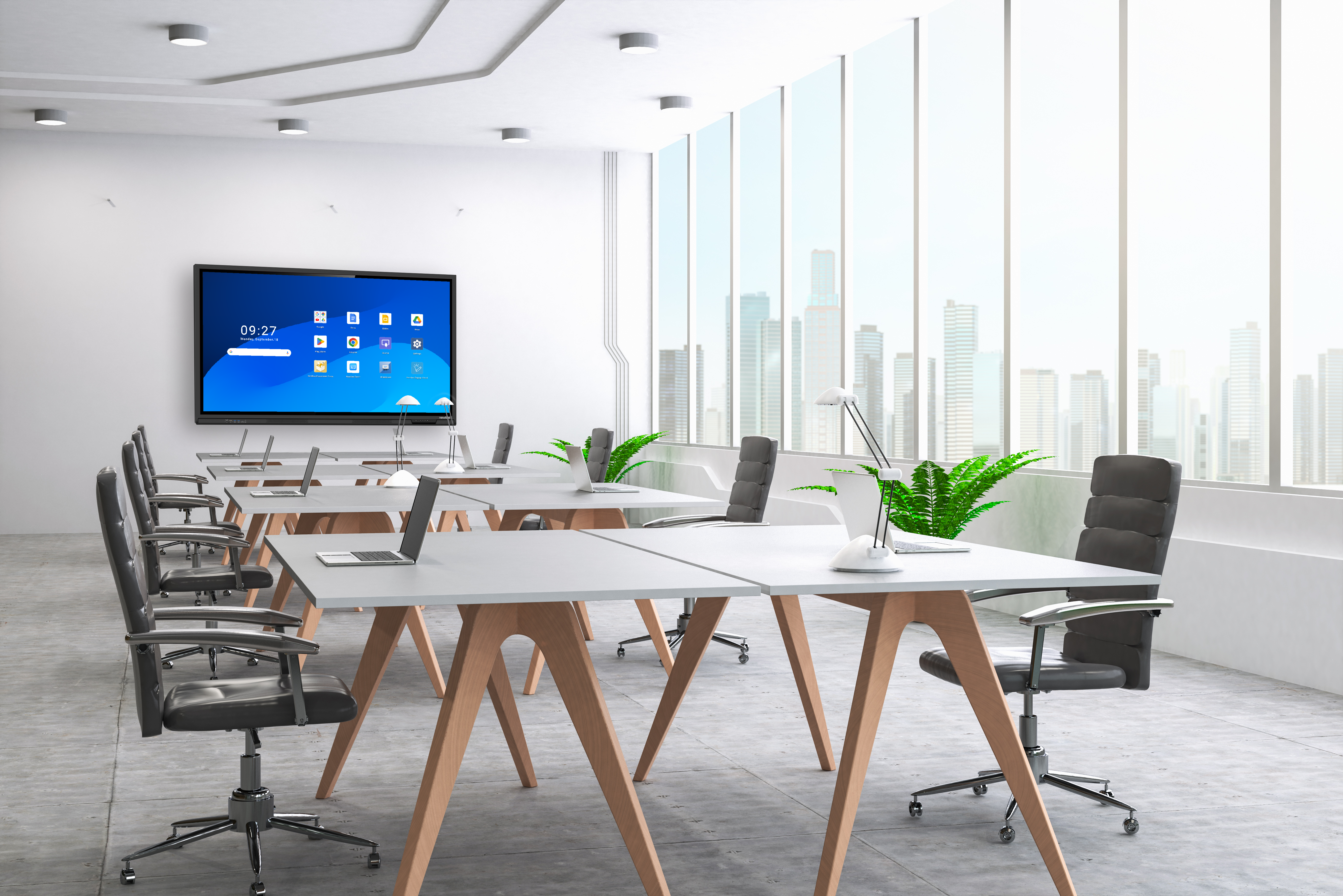 Moderan poslovni ili edukacijski prostor opremljen Lyra Pro interaktivnim LED zaslonom za prezentacije i suradnju.