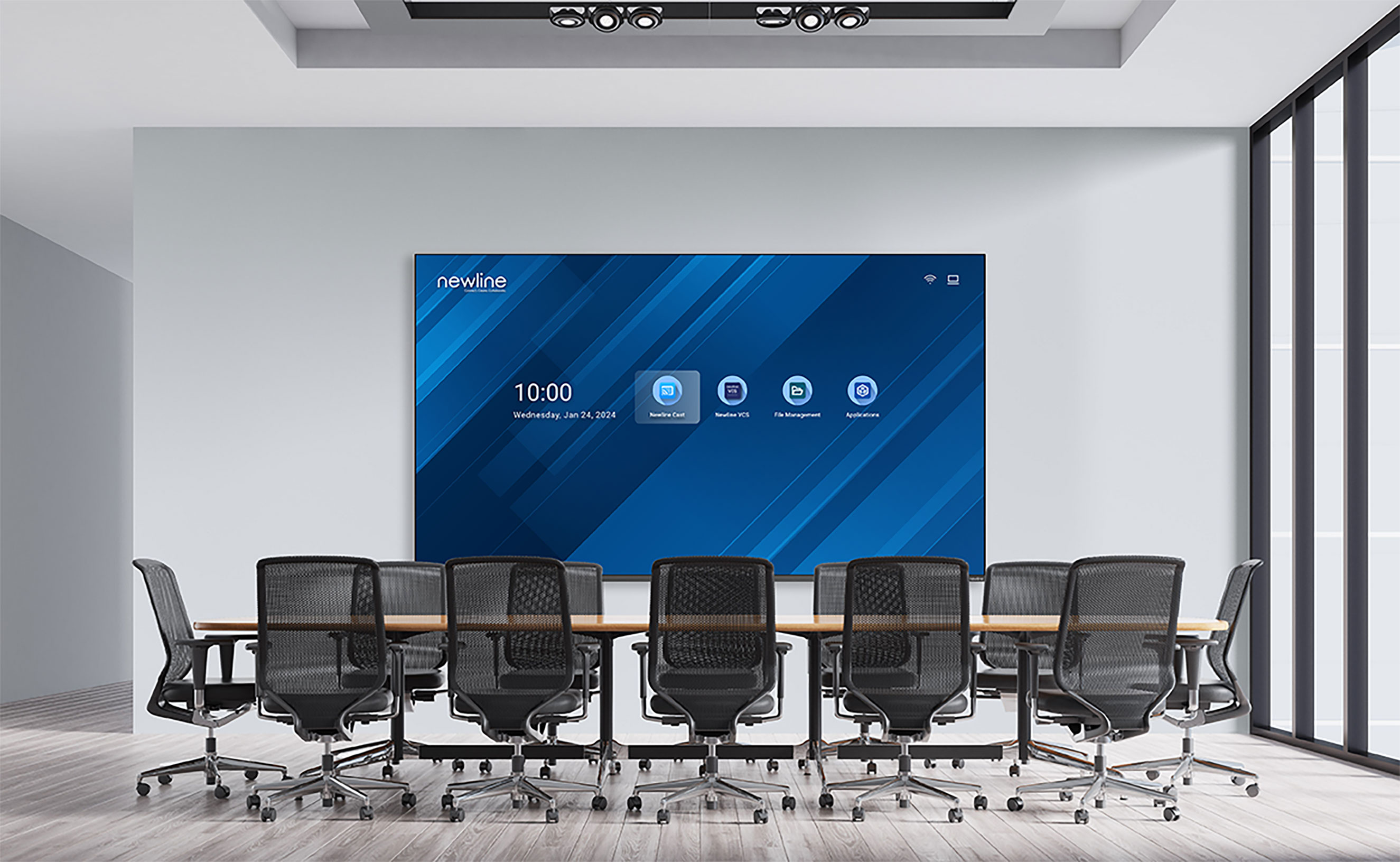 Veliki LED ekran Newline STV+ 115 ina postavljen u modernoj konferencijskoj dvorani za sastanke