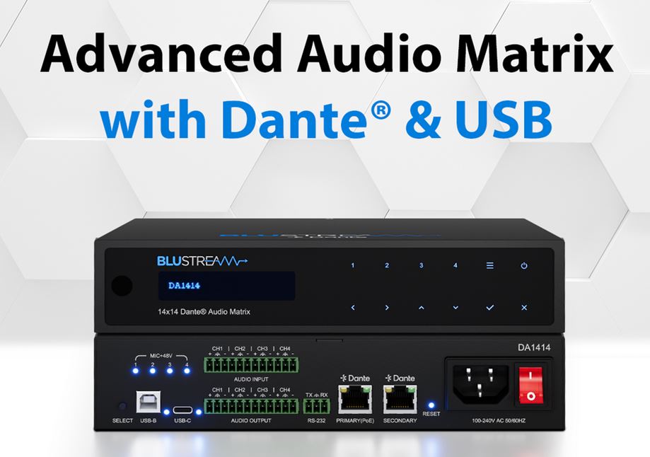 Blustream DA1414 Dante audio matrini preklopnik s USB integracijom – detaljni prikaz prednje i stranje strane s Dante i analogno-USB prikljucima