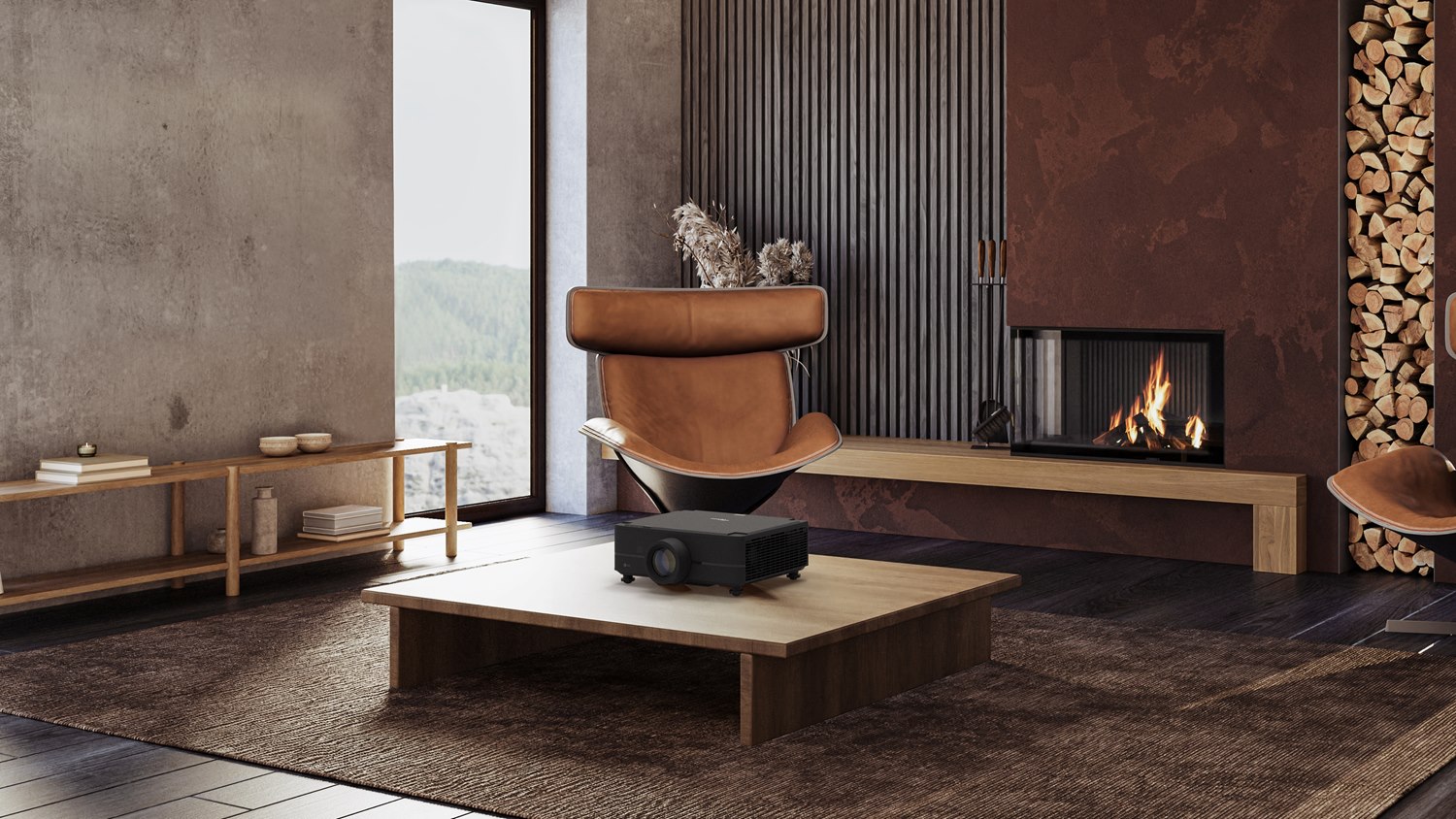 4K projektor za ku�no kino na stoli�u u modernom dnevnom boravku