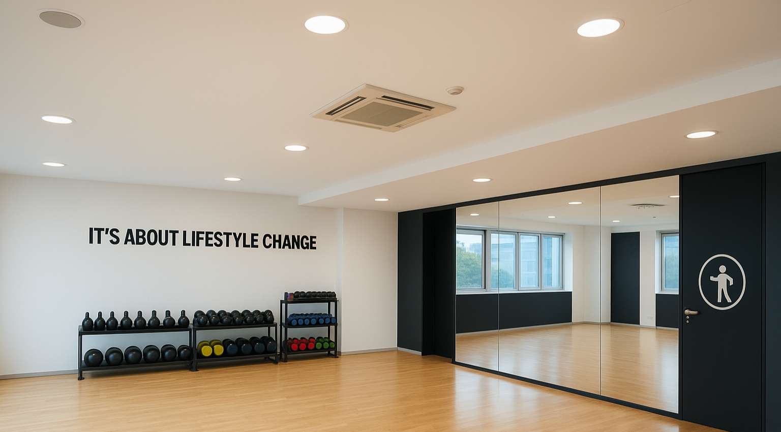 Dvorana za grupni trening s drvenim podom, ogledalima i ugradbenim stropnim zvunicima za profesionalno ozvuenje fitness prostora.