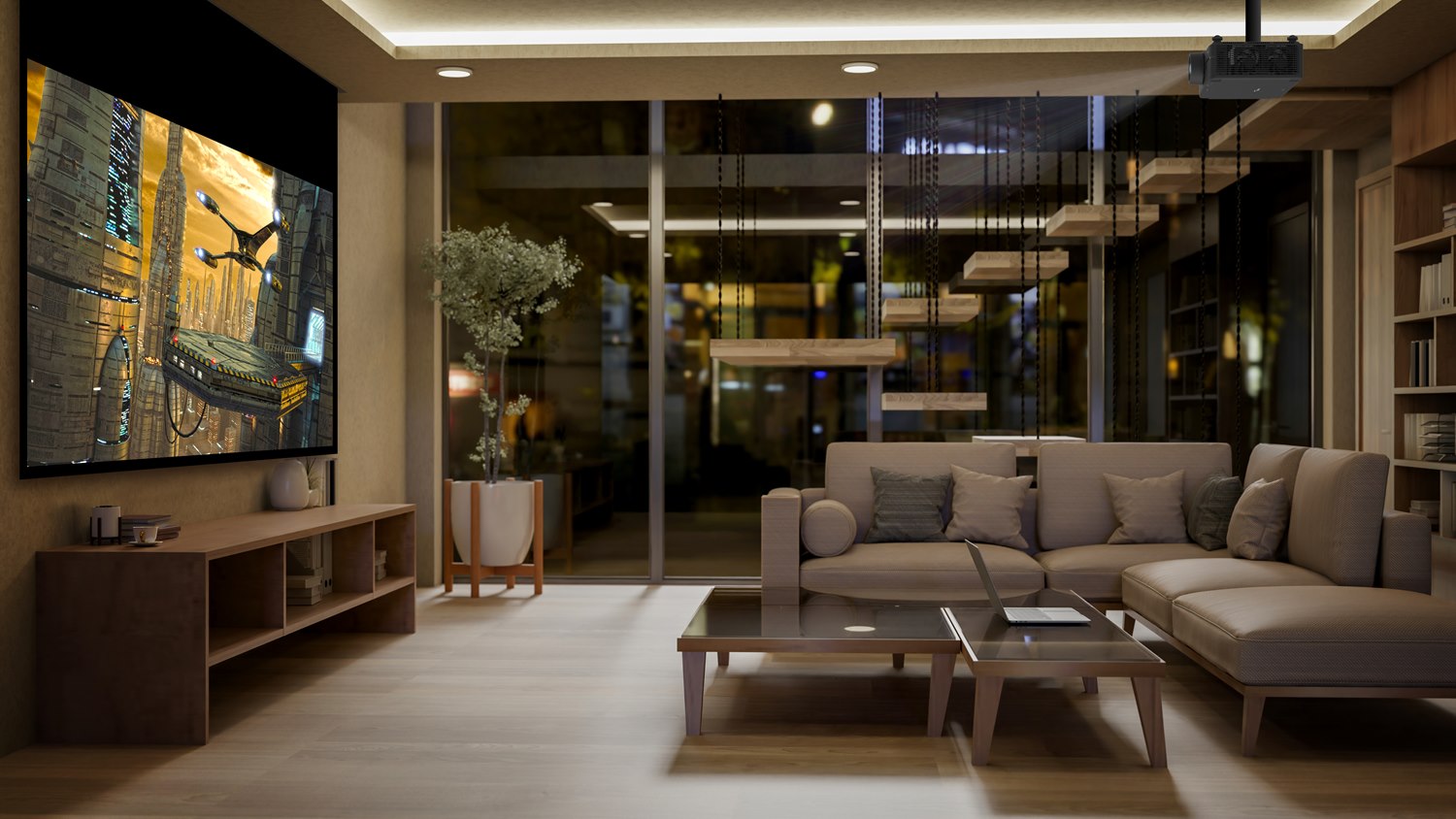 RGB triple laser projektor u dnevnom boravku s velikom projekcijom na platnu