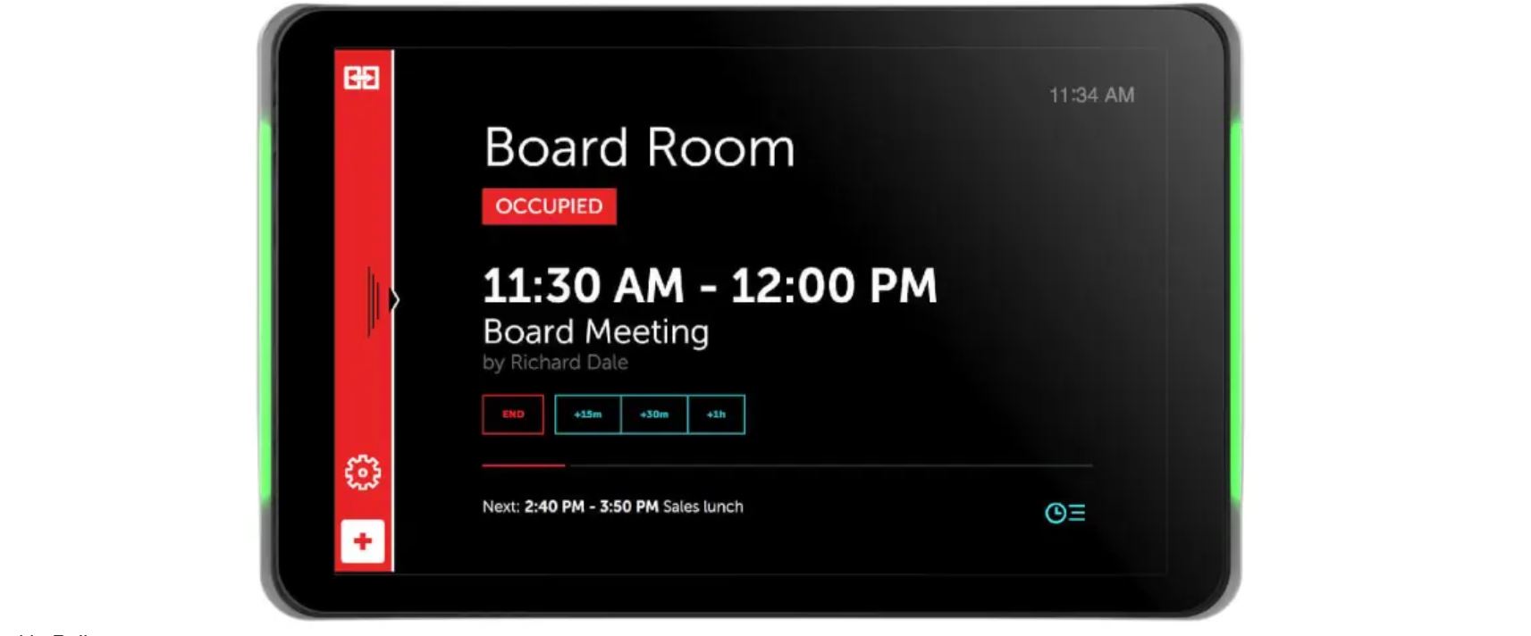 interaktivni panel za rezervaciju soba za sastanke s prikazom sastanka u tijeku