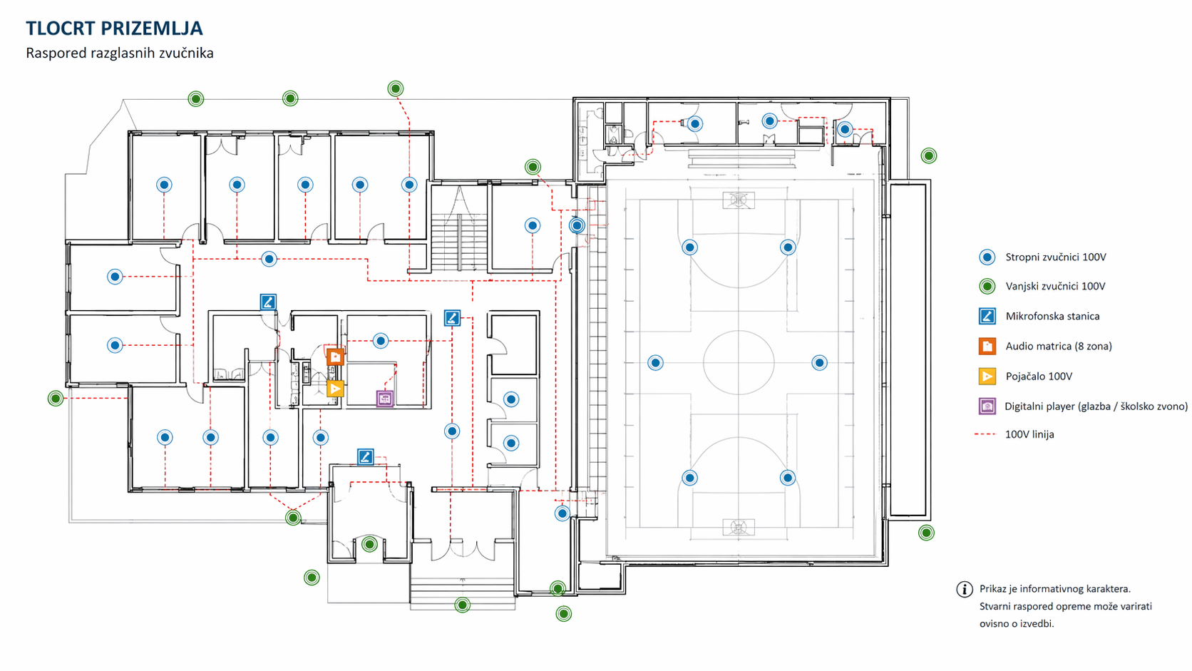 tlocrt �kole s prikazom zona ozvu�enja i rasporeda razglasnog sustava