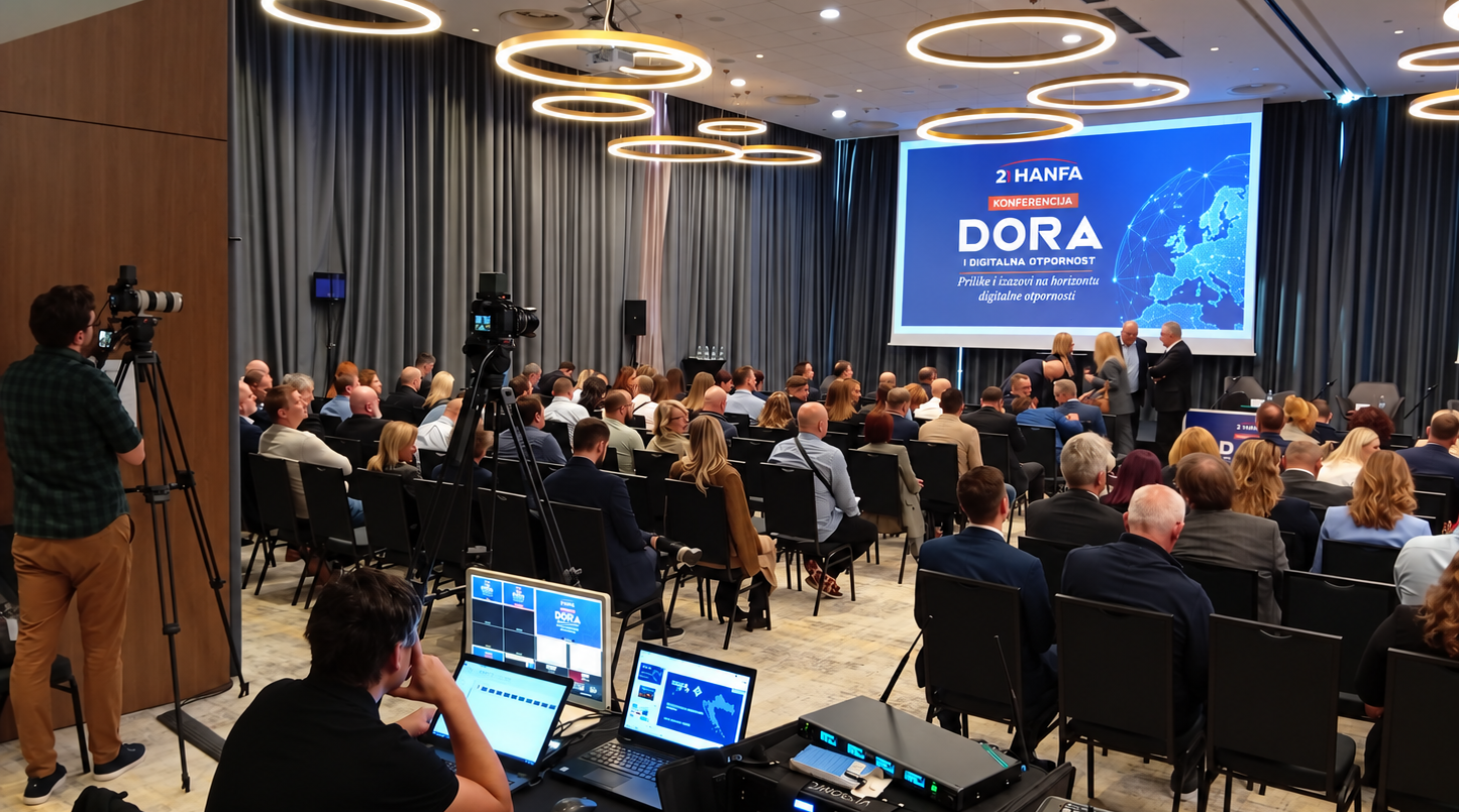Profesionalni projektor i projekcijsko platno u kongresnoj dvorani hotela Hilton tijekom kongresa DORA