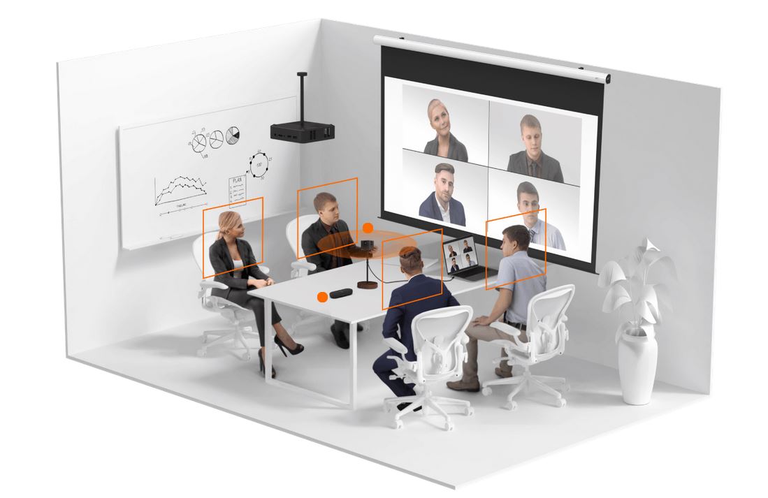 Huddle prostor za 4 osobe s profesionalnom videokonferencijskom kamerom i mikrofonom, projektorom i projekcijskim platnom