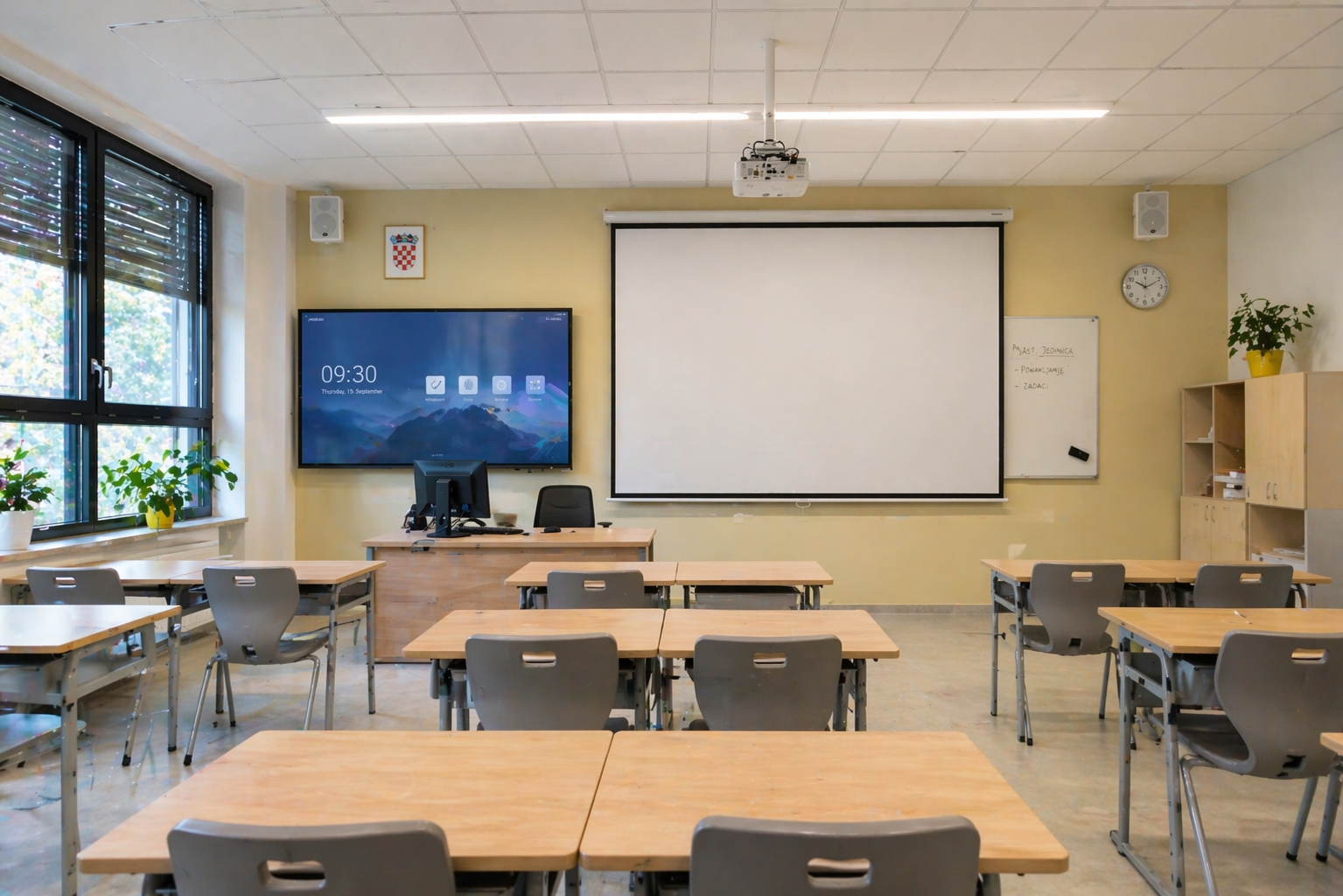 razglas za �kolu u modernoj u�ionici s projekcijskim platnom, zaslonom i zvu�nicima za kvalitetno ozvu�enje nastave
