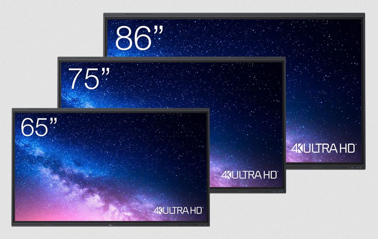 Tri Optoma Creative Touch 3 interaktivna 4K zaslona poredana po veliinama 65”, 75” i 86”, prikaz za konferencijske i edukacijske prostore