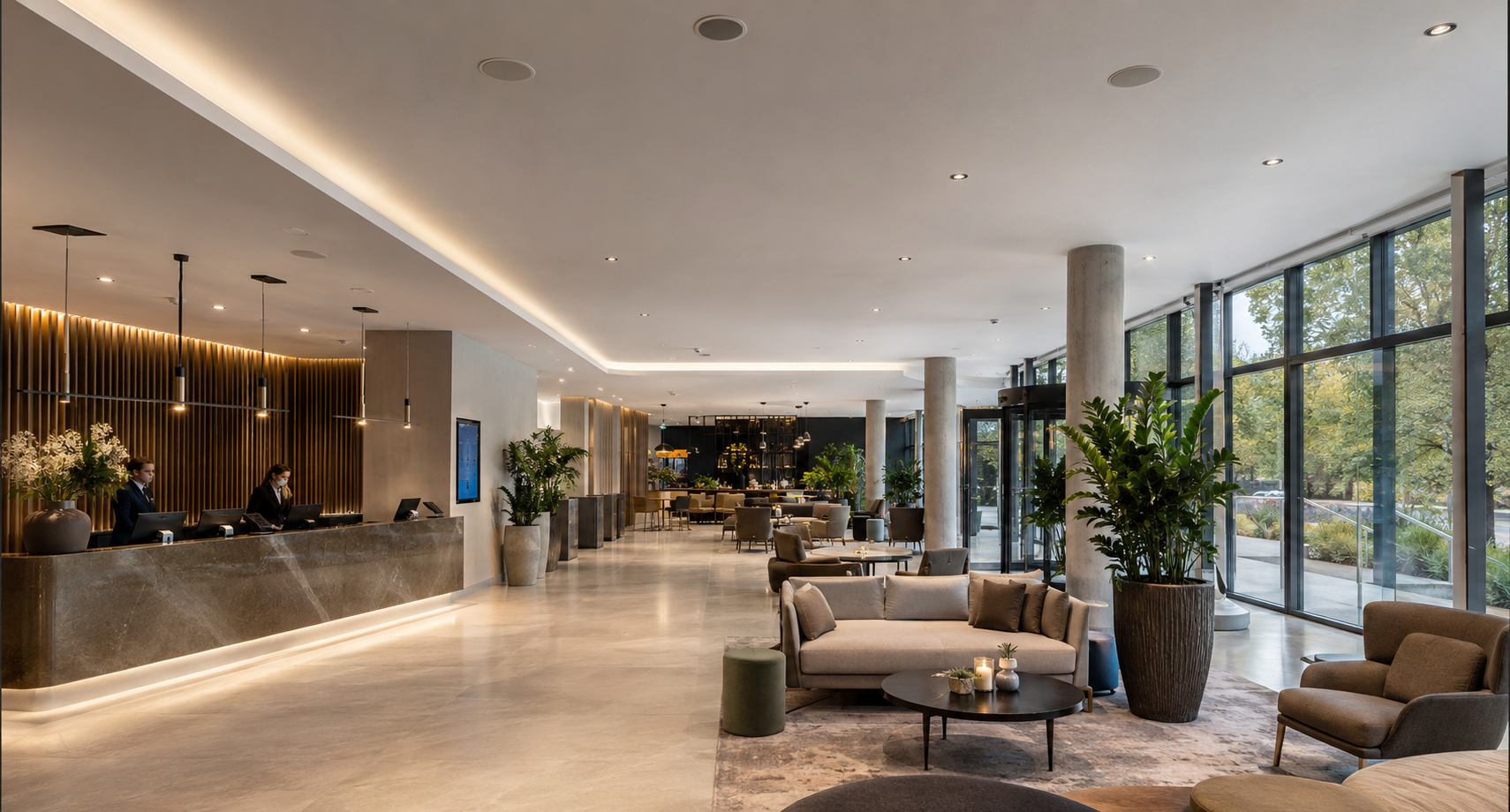 Ozvu�enje hotela, restorana i wellness centra – primjer profesionalnog vi�ezonskog audio sustava u modernom hotelskom lobbyju.