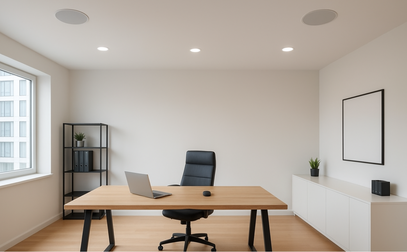 Moderan ured s velikim radnim stolom, minimalistikim namjetajem i ugradbenim stropnim zvunicima, ravnomjerno rasporeenima radi diskretnog ozvuenja prostora