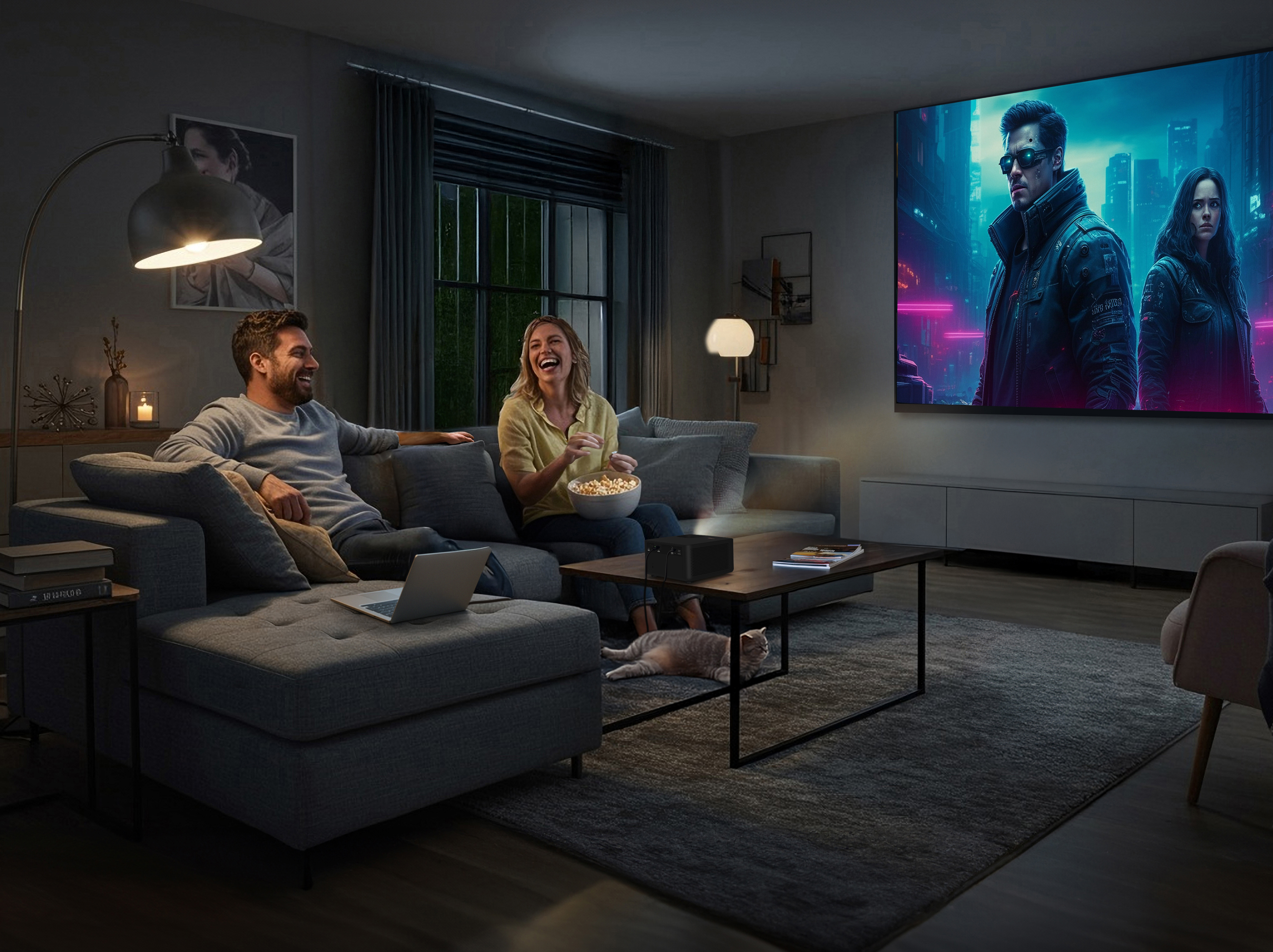 Ku�no kino s mini projektorom i projekcijskim platnom