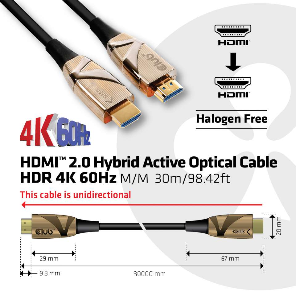 Kabel Club3d HDMI 2.0 4K60Hz aktivan optički MM duljina 30m