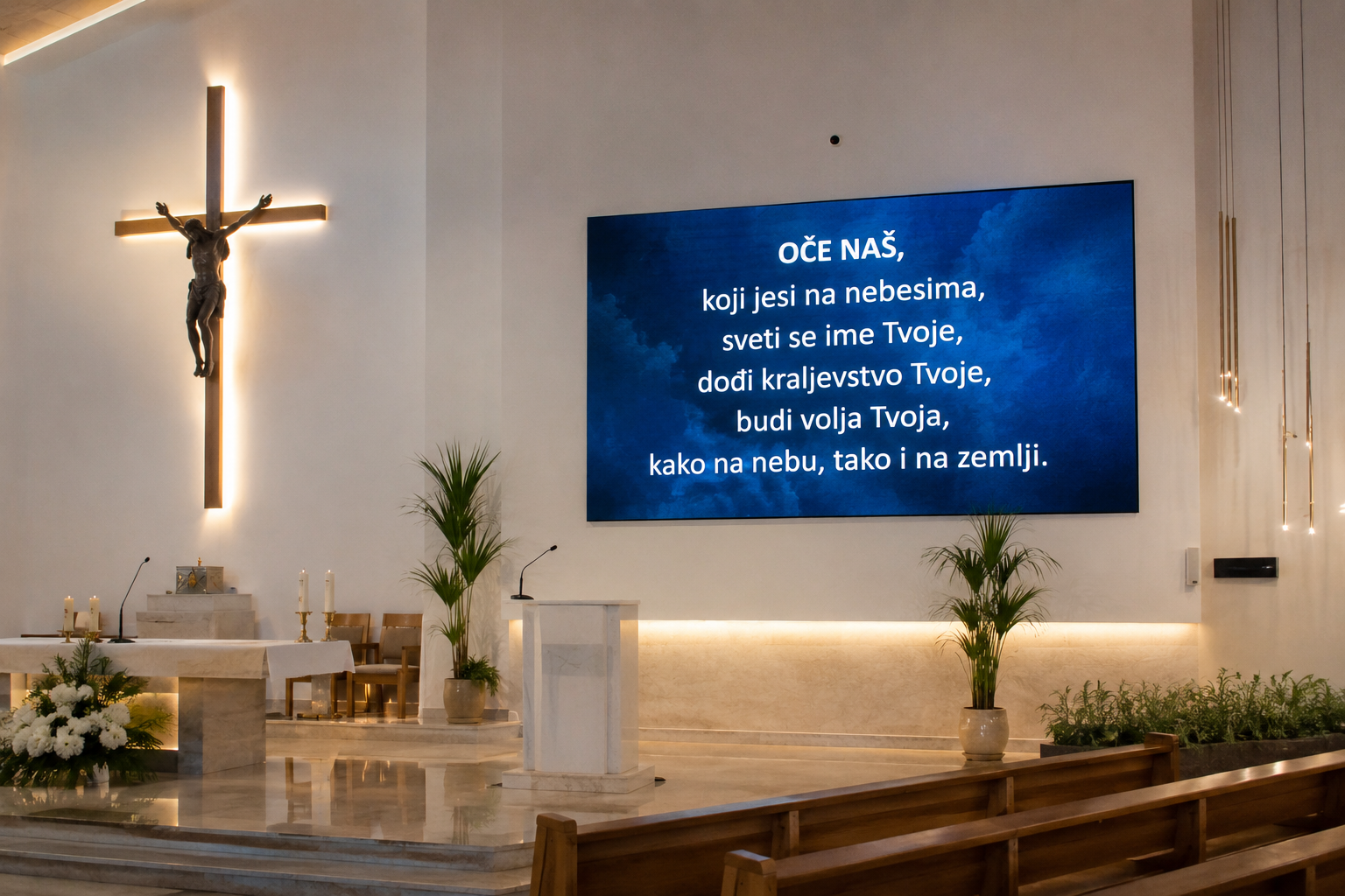 Veliki LED ekran u modernoj crkvi za prikaz molitve Oče naš tijekom mise i liturgijskih događanja
