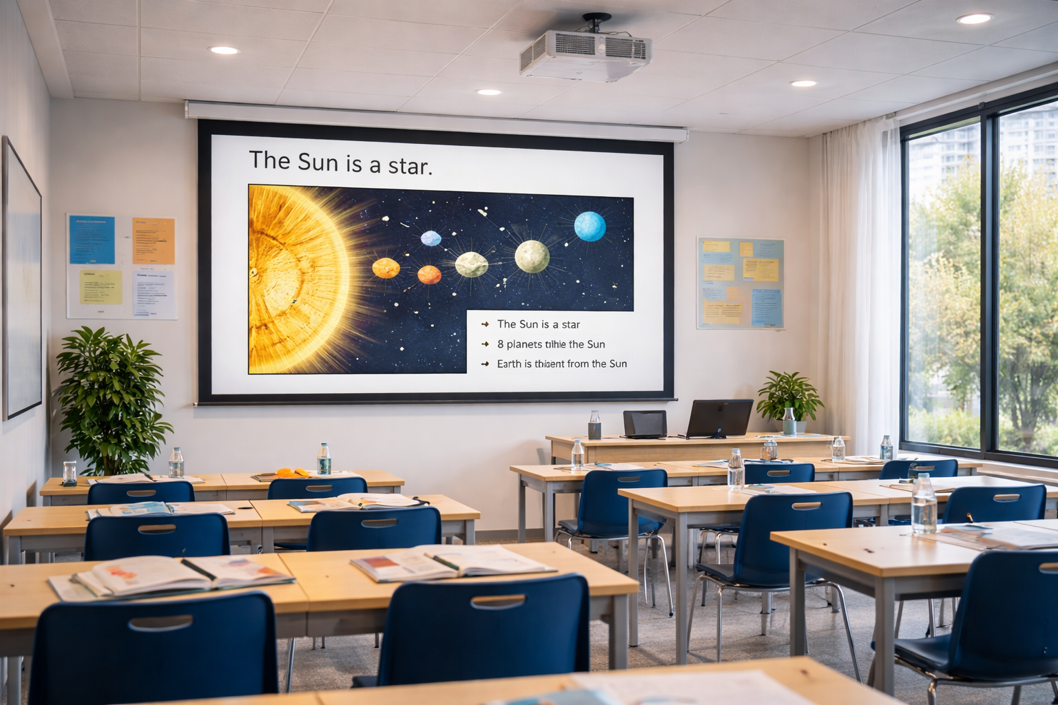 projektor u u�ionici s velikim projekcijskim platnom i prikazom nastavnih materijala za edukaciju