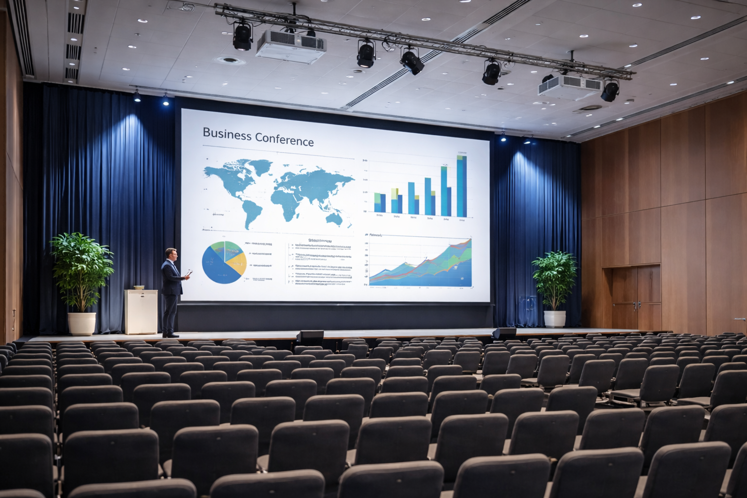 projektor u velikoj konferencijskoj dvorani s projekcijom prezentacije na velikom platnu za poslovne doga�aje