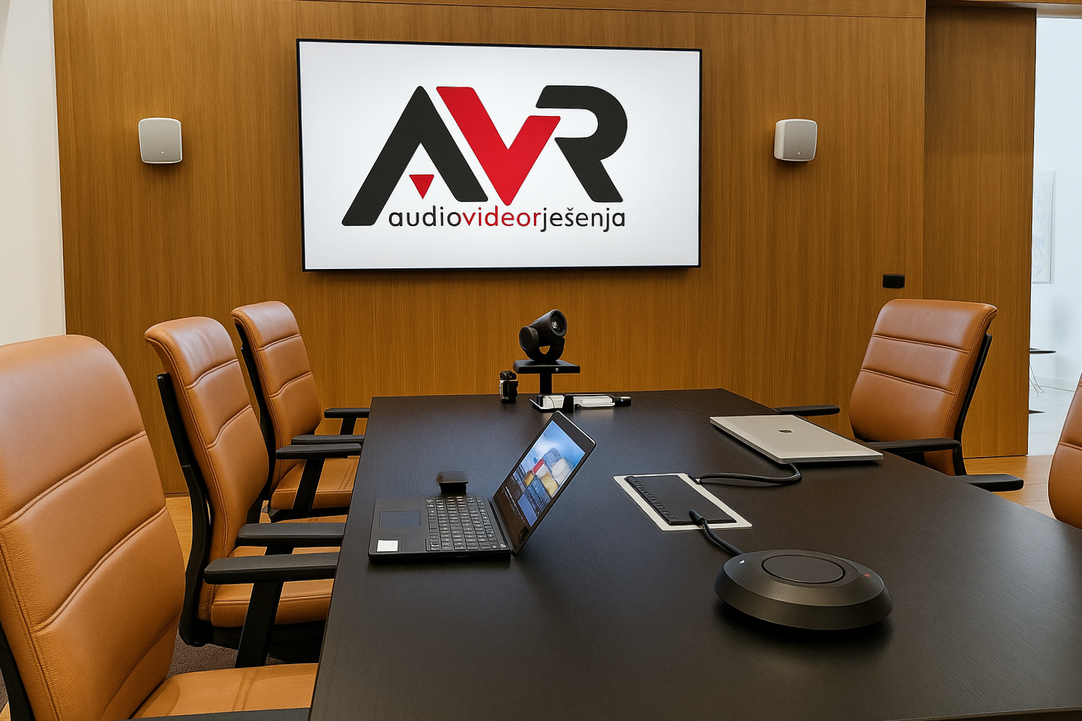Konferencijska soba opremljena profesionalnim LED zaslonom, kamerom i mikrofonom
