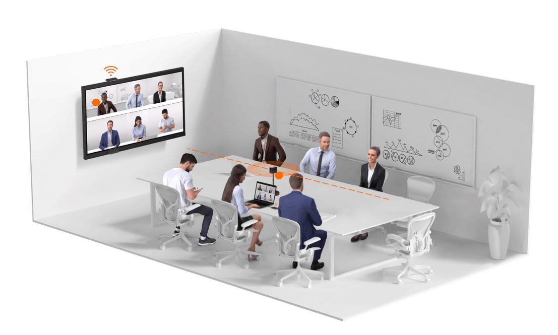 Srednja soba za sastanke za 6 osoba s profesionalnom videokonferencijskom opremom i profesionalnim zaslonom