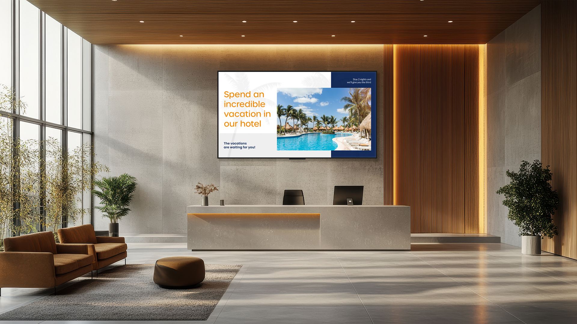 Profesionalni Newline STV+ Pro Series LED zaslon na recepciji hotela, koristi se za digital signage i dobrodolicu gostima