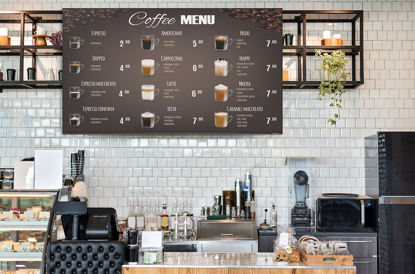 Digitalni zaslon u caffe baru prikazuje ponudu pia i hrane