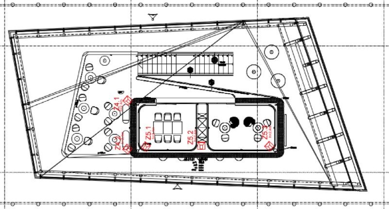 Projektantski nacrt audio sustava u hotelu s prikazom poloaja zvunika, pojaala i povezivanja meu zonama